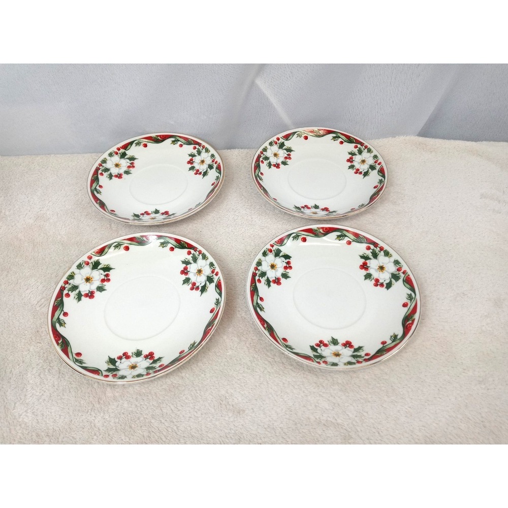 Set of 4 Gibson Christmas Poinsettia & Holly‎ Saucers 5.75" Gold Trim Saucers
